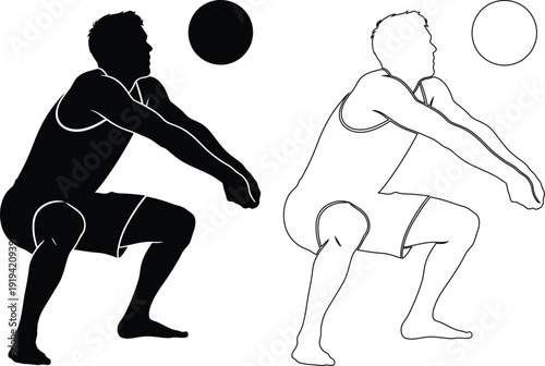 Athlete in a squat position throwing a ball compared to a stick figure version.