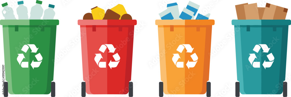 Ταπετσαρία Recycling Bins Illustration with Sorted Plastic Metal Glass and Paper Waste