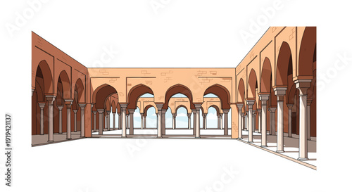 An expansive, sunlit courtyard featuring numerous arched passageways and intricate columns, characteristic of ancient Islamic architecture.