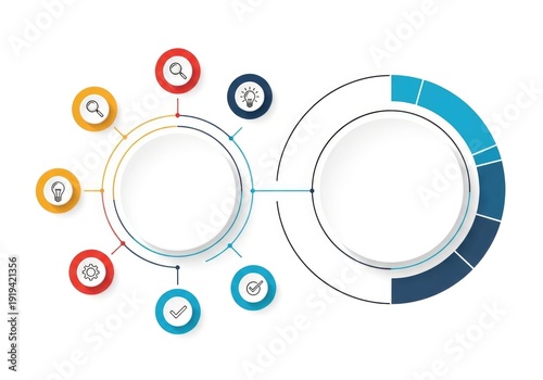 Conceptual infographic illustrating interconnected data points business strategy and analytical processes with glowing icons and circular diagrams on a clean white background