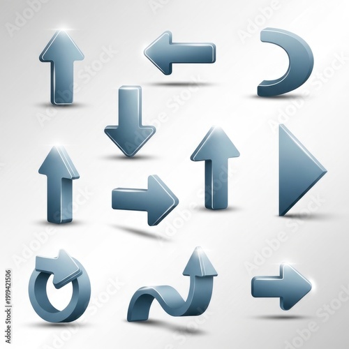 Collection of glossy blue 3d arrows pointing in various directions including straight curved and circular set against a clean neutral gradient background with subtle shadows
