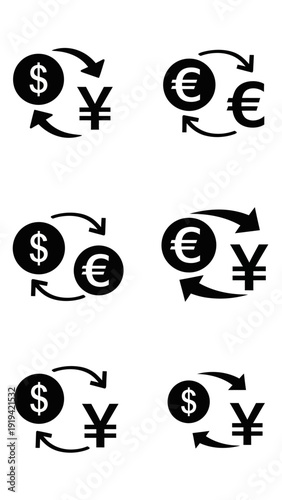 Currency Exchange Icons: Dollar, Euro, Yen Symbols with Arrows