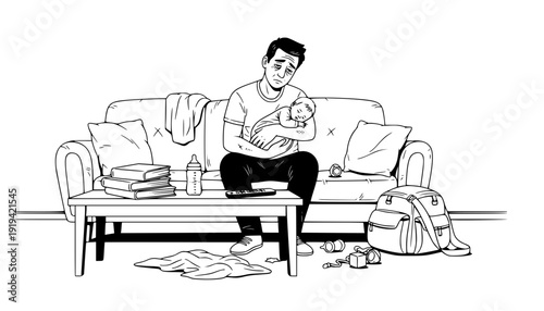 Exhausted Father Holding Sleeping Newborn in Messy Living Room, Authentic Parenting and Connection Concept