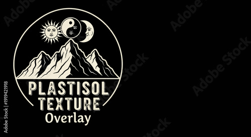 Circular Mountain Landscape Illustration with Sun Moon Yin Yang Symbol and Plastisol Texture Overlay on Black Background