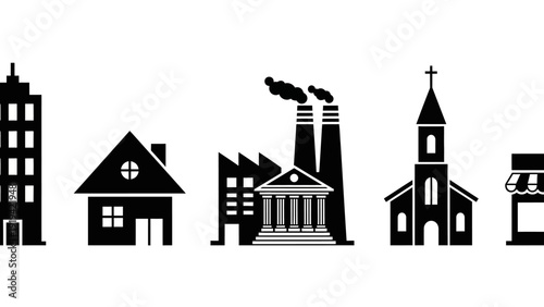 Diverse Building Icons: Residential, Commercial, Industrial, and Religious Structures