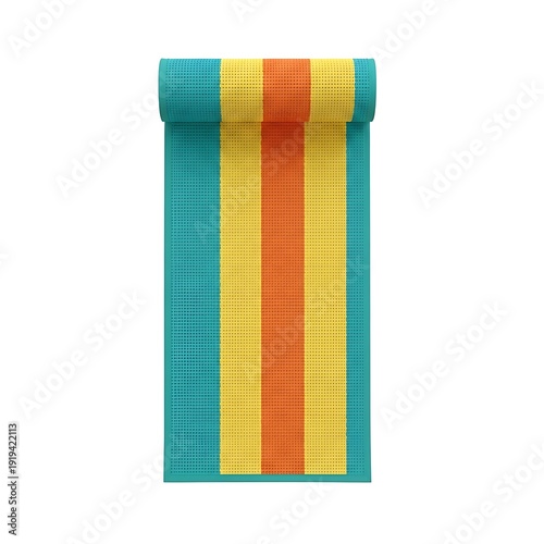 Free Download Colorful rolled beach mat or yoga mat with vibrant blue, yellow, and orange stripes for summer relaxation and fitness activities, isolated on white background. - GFXLoad