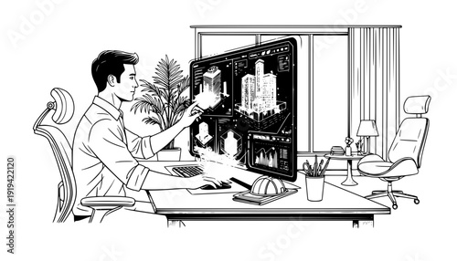 Architect Working with Futuristic Holographic Interface in Modern Home Office, Contextual AI Technology