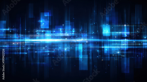 Digital technology minimal landscape glowing blue light with abstract futuristic design and sparkling effect in dark background