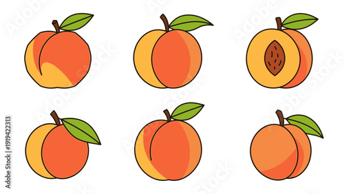 Fresh Peaches Collection: Whole and Halved Fruits with Leaves, Healthy Food