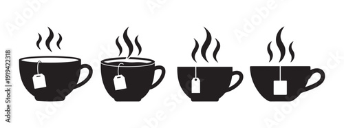 Collection of Four Black and White Icons Depicting Steaming Cups of Tea with Tea Bags on White Background