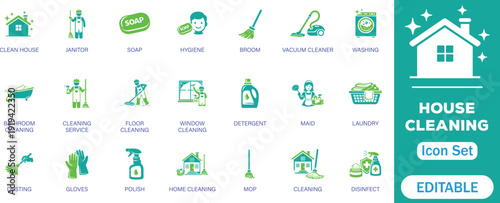 House cleaning solid icon set. Containing washing, broom, soap, maid, laundry, home cleaning, sponge, vacuum cleaner, mop and more. Perfect vector icons collection.

