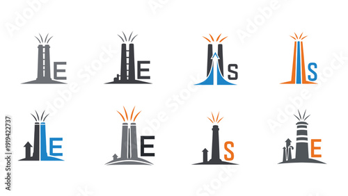 Industrial Chimneys and Factory Icons with Letters E and S, Energy and Industry Concept