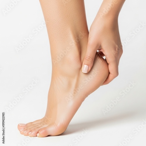 Close up of female foot with hand touching the heel on a white studio background indoors