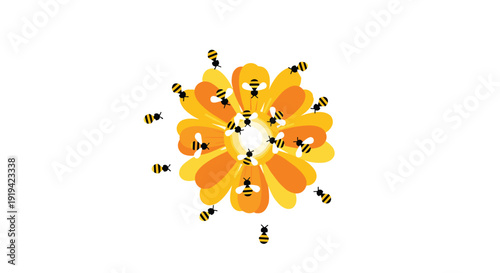 Numerous black and yellow bees are actively swarming around a stylized, vibrant yellow and orange flower, depicting pollination activity.