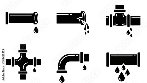 Plumbing Leaks Icons: Dripping Pipes, Joints, and Cross Connectors