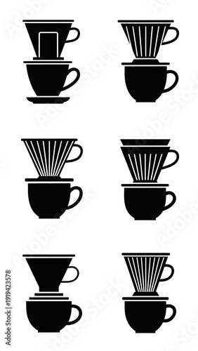 Pour Over Coffee Maker Icons Set: Drip Coffee Brewers and Cups, Minimalist Black and White