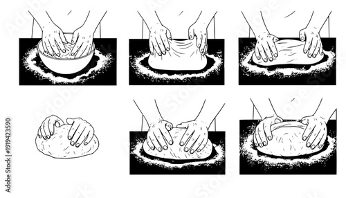 Macro of Hands Kneading Sourdough Bread on Flour-Covered Table, Sensory Cooking and Slow Living Concept