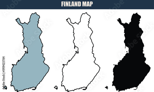 Finland map in three styles, blue, black outline, and black silhouette, for geography and travel purposes