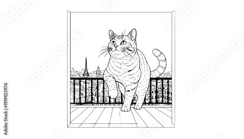 Surreal Giant  Cat on Minimalist Balcony in Paris, Playful and Absurd Fantasy Animal Concept