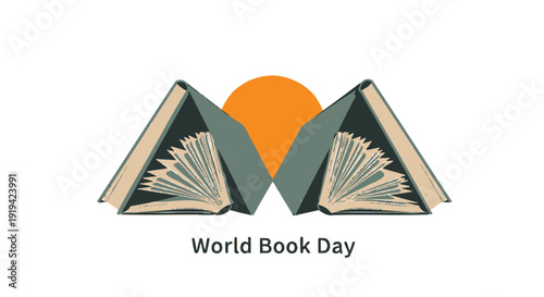 World Book Day icon with open books and sun, isolated on transparent background