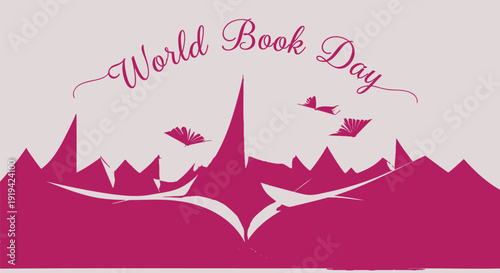 World Book Day vector graphic, book with mountain and bird silhouette, reading celebration symbol. Created in pink and white style with simple illustration.