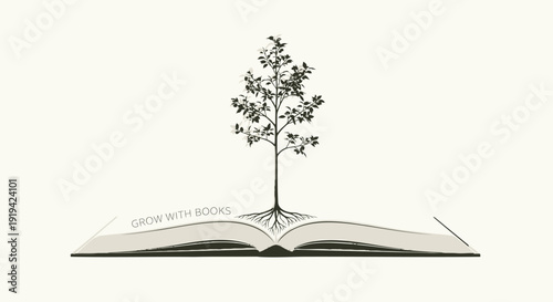 Vector illustration of a tree growing out of an open book with the phrase 'Grow with Books', isolated on a beige background.