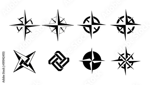 Set of 8 Compass Rose and Nautical Star Symbols, Navigation Icons, Vector Graphics