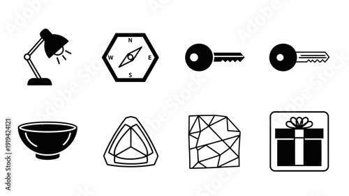 Set of 8 Diverse Icons: Lamp, Compass, Keys, Bowl, Gem, Abstract Shape, Gift Box