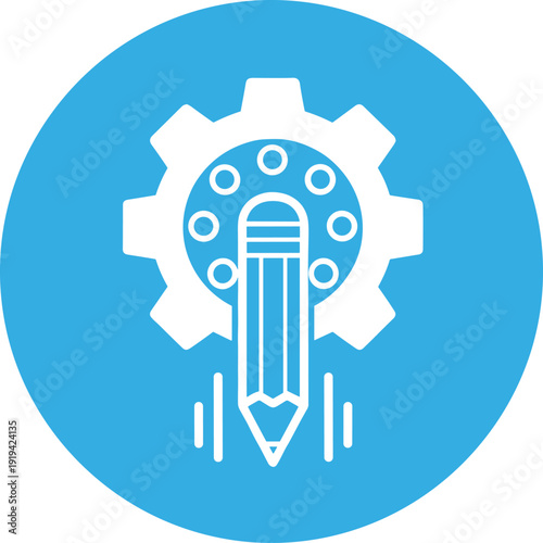 Gear and pencil icon for creative process and development on blue circle