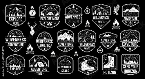 Large collection of vintage outdoor adventure badges and emblems featuring mountains, forests, camping gear, and wildlife, perfect for an exploratory theme on a black background.