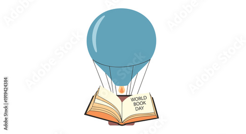 World Book Day icon with hot air balloon and book, isolated on transparent background