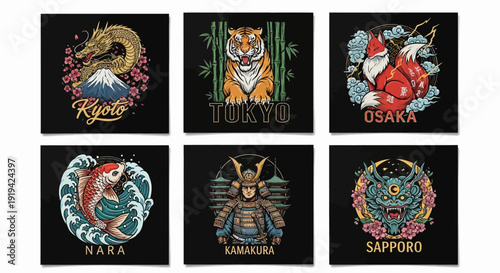 Japanese city emblems with animals and samurai.