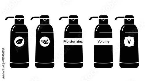Set of black shampoo bottles with different icons and labels for hair care products