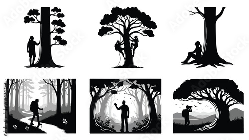 Silhouette Vector Art of People and Trees in Minimalist Nature Scenes and Seasons