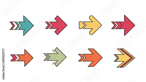 Set of Colorful Arrows with Chevron Pattern, Vector Icons