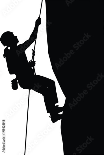 Silhouette of a woman rock climbing outdoors, rappelling down a steep cliff face, dynamic illustration for adventure sports and extreme recreation