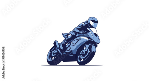 A skilled motorcyclist in a blue suit is depicted leaning into a sharp turn on a powerful sport motorcycle against a white background.
