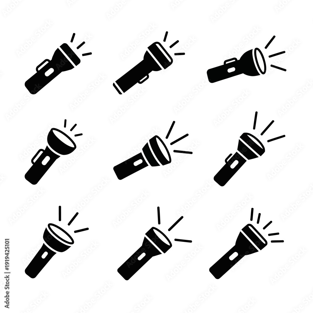 Fototapeta premium Set of nine black flashlight icons, simple vector illustration, isolated on white background