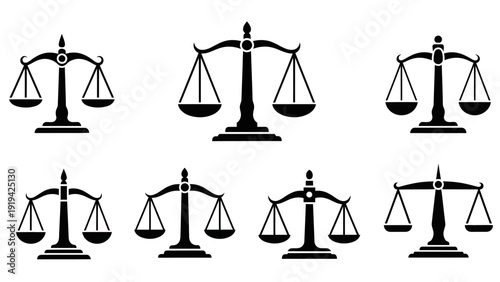 Set of Scales of Justice Icons, Symbol of Law, Fairness, and Balance