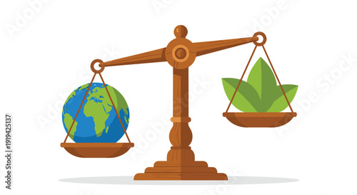 A vintage wooden balance scale depicts a heavier Earth on one pan, counterbalanced by a few light green leaves on the other side.