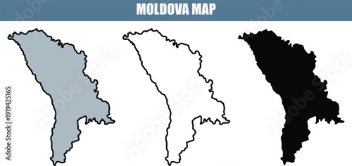 Moldova map in gray, black and white with outline, geographic illustration
