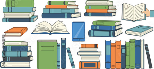 Collection of colorful stacked books open textbook and digital tablet icons isolated on white for education library and reading conceptCollection of colorful 