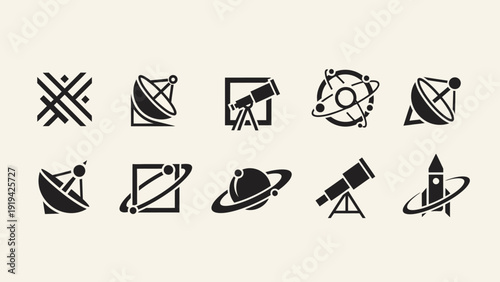 Space exploration icons: telescopes, satellites, rockets, planets, orbits