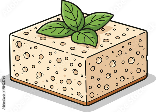 Cartoon‑style tofu block illustration with porous texture and green herb leaves, perfect for vegetarian food art, vegan design, culinary branding, and educational resources.