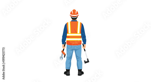 A male construction worker wearing an orange hard hat and reflective vest stands with his back to the viewer holding tools.