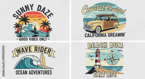 Set of Vintage Surf Beach and Coastal Themed Illustrations with Woody Car and Lighthouse.