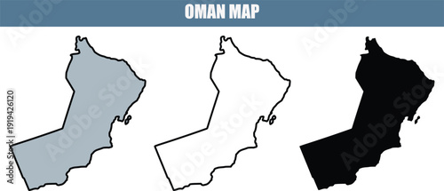 Oman map in three styles, gray, white, and black, for geography and travel purposes