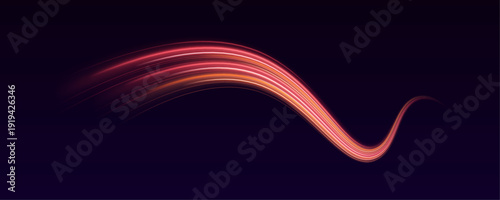 Red and orange neon streaks ripple smoothly in a PNG layer. Motion blur conveys dynamic speed. Perfect overlay for futuristic, sci-fi, or tech visuals.