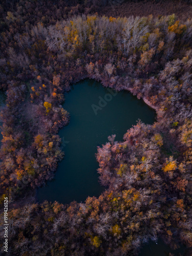 Aerial view from a drone of the Galacho de Juslibol natural area in the Ebro River aquifer. Province of Zaragoza. Autonomous Community of Aragon. Spain. Europe