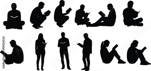 Collection of diverse people reading books in silhouette isolated on white background, students and adults studying, education, knowledge and literacy concept illustration.